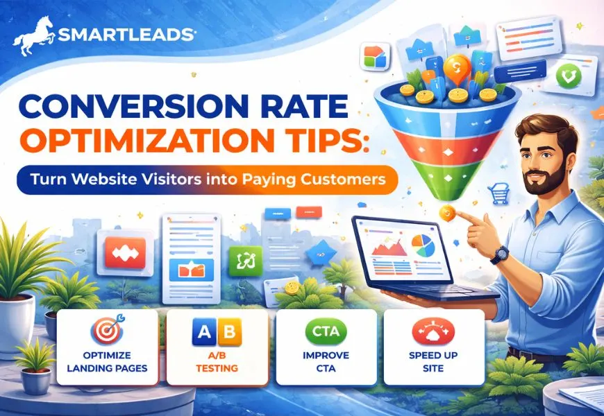 Conversion rate optimization tips including A/B testing, user experience improvements, landing page optimization, and conversion tracking.