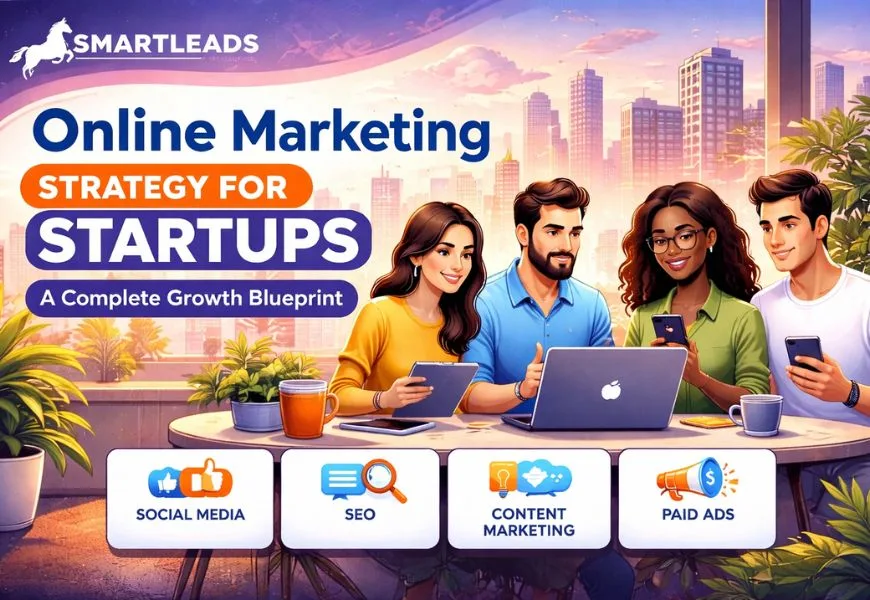Online marketing strategy for startups including SEO, social media marketing, paid ads, content marketing, and growth strategies.