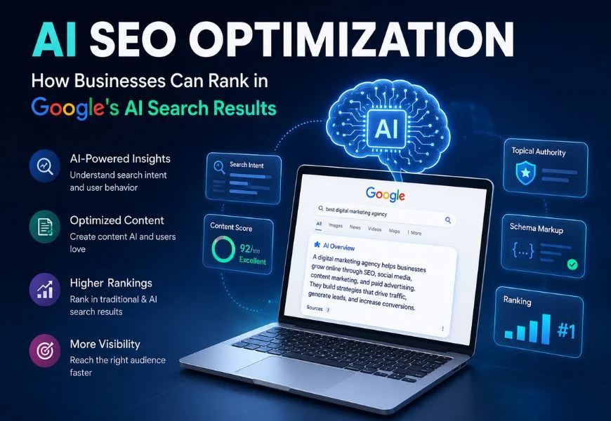 AI SEO optimization concept showing businesses improving rankings in Google's AI search results through AEO, SEO, structured data, and content optimization.