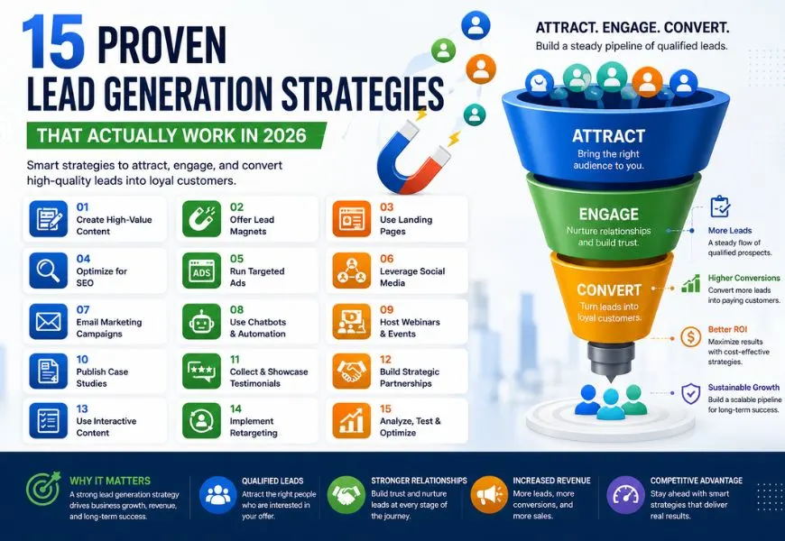 Lead generation strategies infographic showing proven methods to attract, engage, and convert qualified leads into customers in 2026.