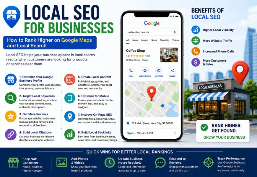 Local SEO for businesses infographic showing strategies to rank higher on Google Maps and improve local search visibility.