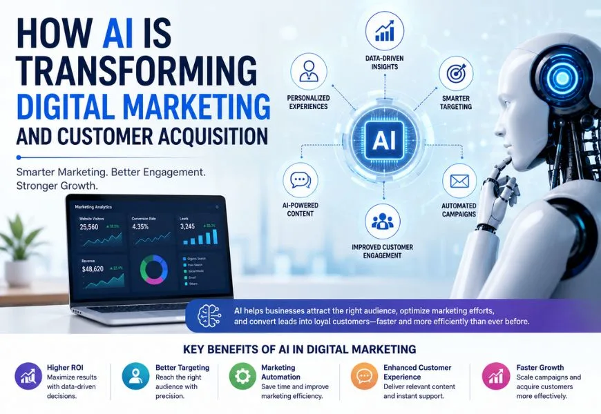 AI in digital marketing illustration showing artificial intelligence improving customer acquisition, personalization, and marketing automation.