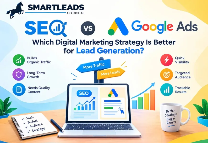 SEO vs Google Ads comparison showing organic search and paid advertising strategies for lead generation.