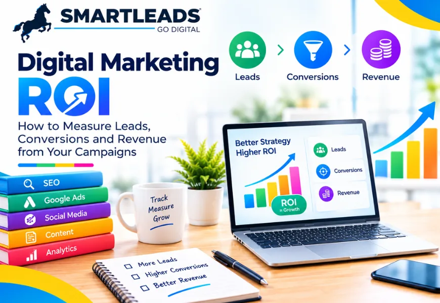Digital marketing ROI measurement showing how to track leads, conversions, campaign performance, and revenue growth.